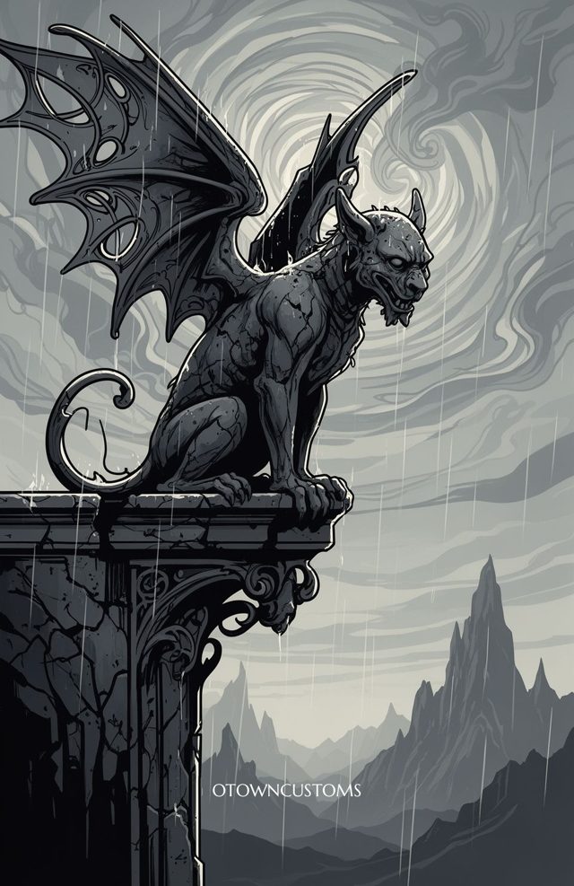 Monochromatic Illustration Guardian Stone Night Vigil