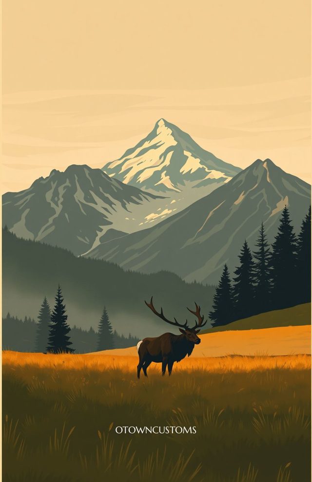 Stylized Mountain Vista Rocky Mountain Elk In Meadow