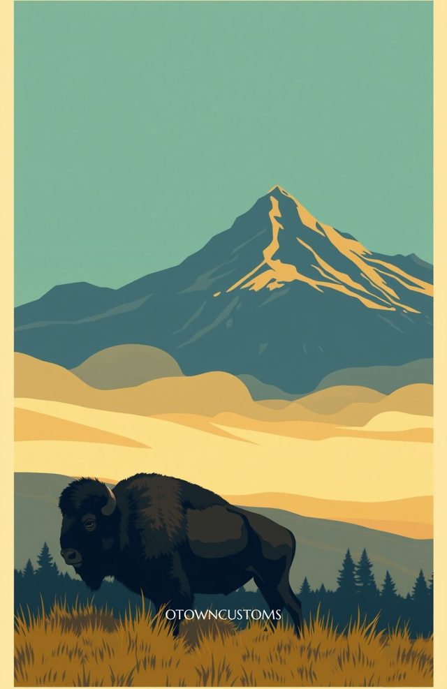 Vintage National Park Yellowstone Bison Grassland