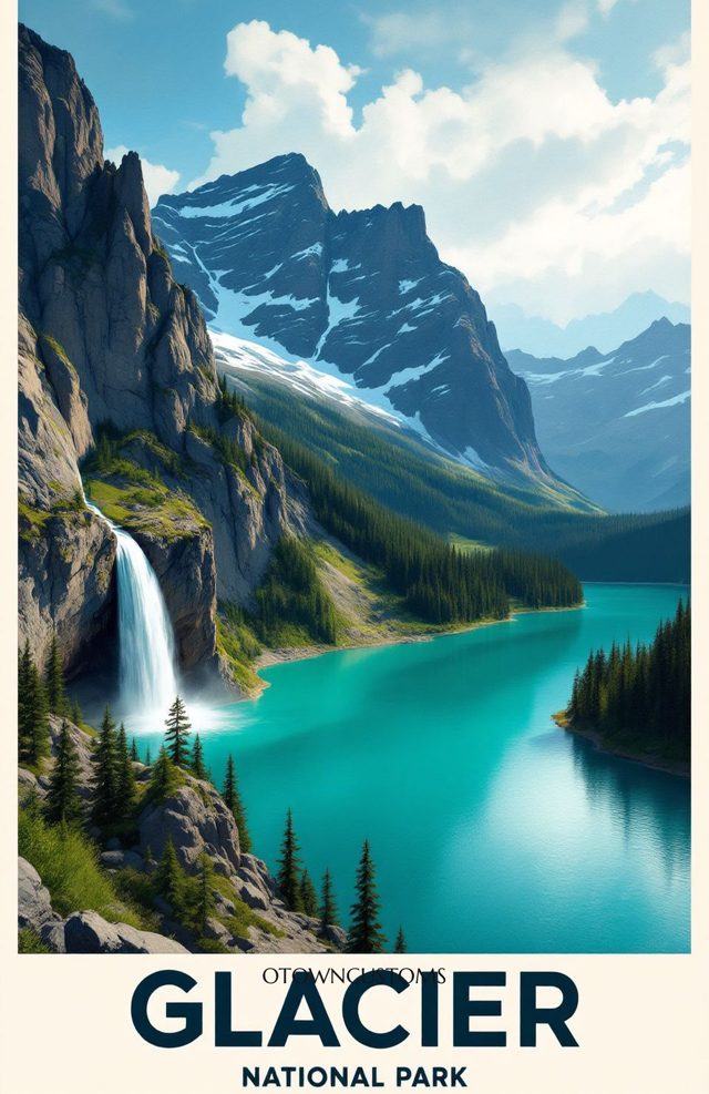 National Park Poster Avalanche Lake Falls