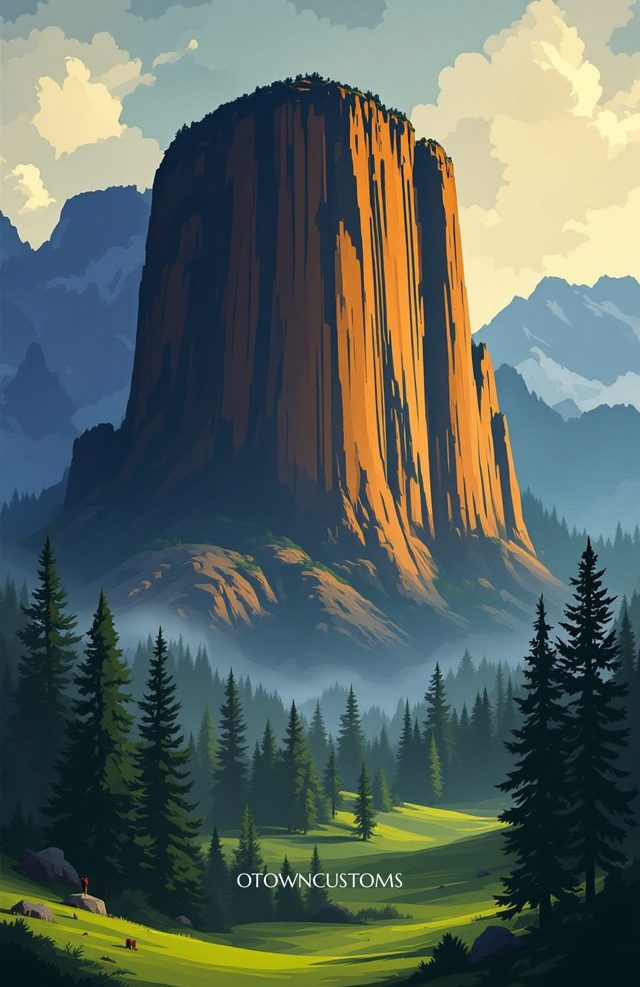 Stylized Mountain Landscape Crescent Meadow Green
