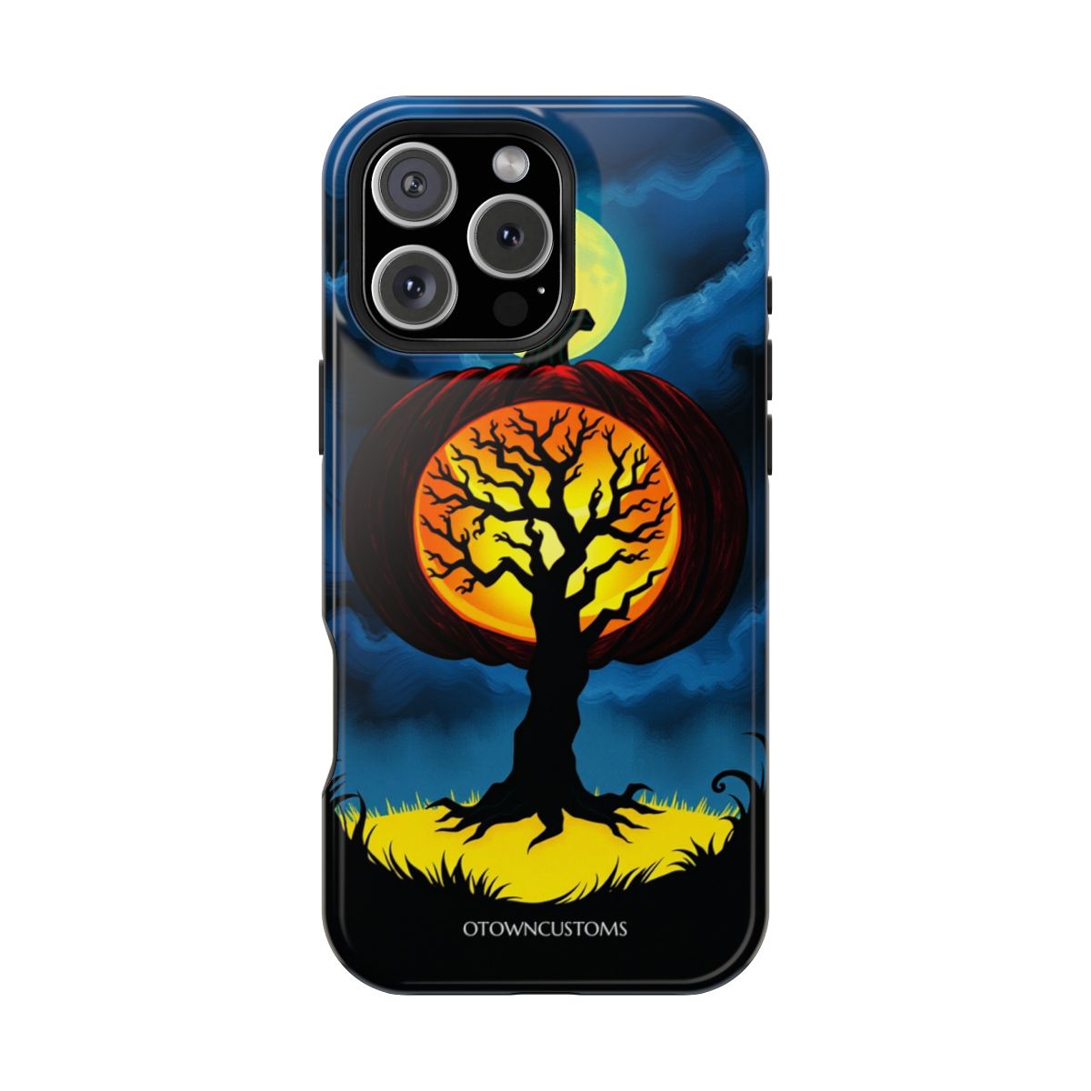 Pumpkin with Glowing Haunted Tree Silhouette