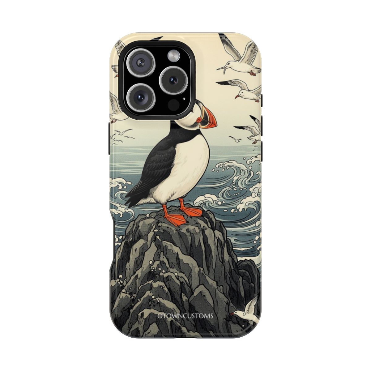 Woodblock Print Illustration Cliffside Puffin